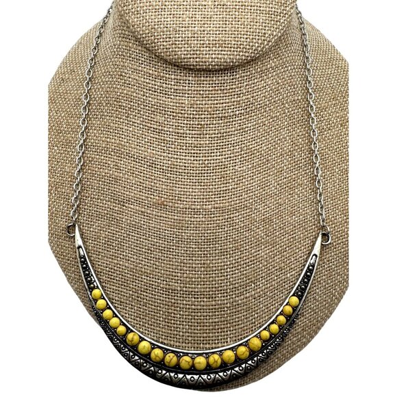 Boho Inspired Silver Tone Necklace Yellow Beads Tribal Pattern Free Spirit - Picture 6 of 8